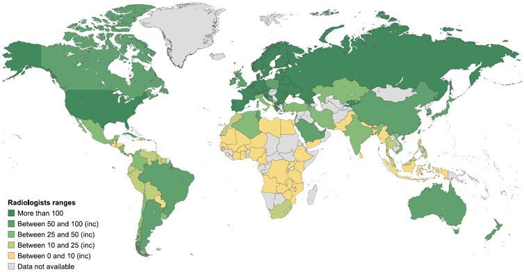 Global map displaying the distribution of radiologists, highlighting areas with a notable radiologist shortage.