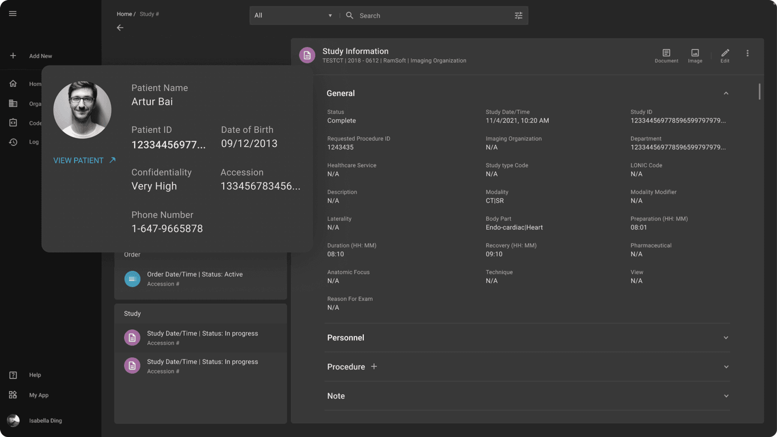 Screenshot of Radiology Information System (RIS) interface with patient details