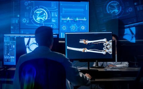 A physician is using artificial intelligence software to view CT scans