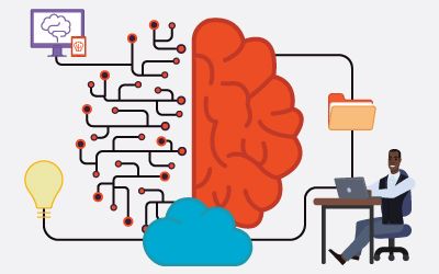 Illustration of half-brain, half network with icons for cloud, imaging technician, PACS