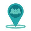 Location pin with a group icon, representing reduced reliance on external teleradiology readings.