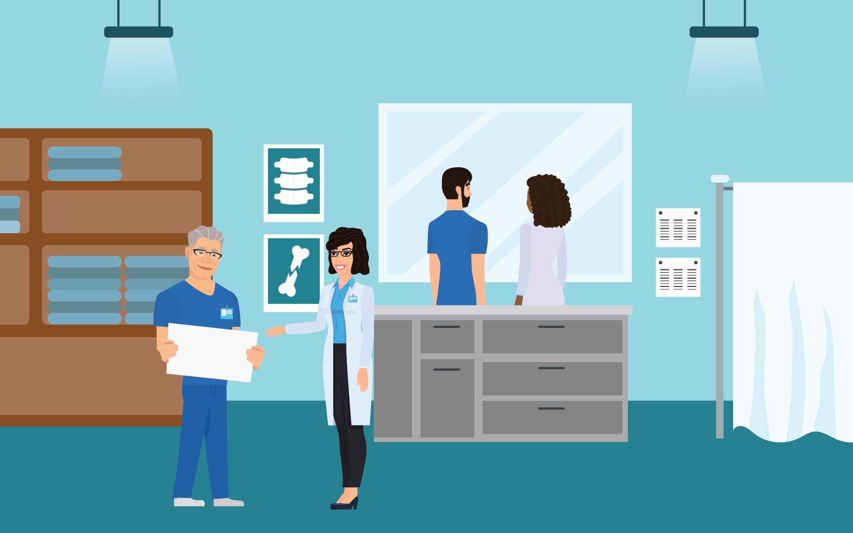 Illustration of radiologists working together remotely, discussing X-ray images in a digital lab.