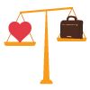 Illustration of a scale balancing a heart and a briefcase, symbolizing work-life balance for radiologists.