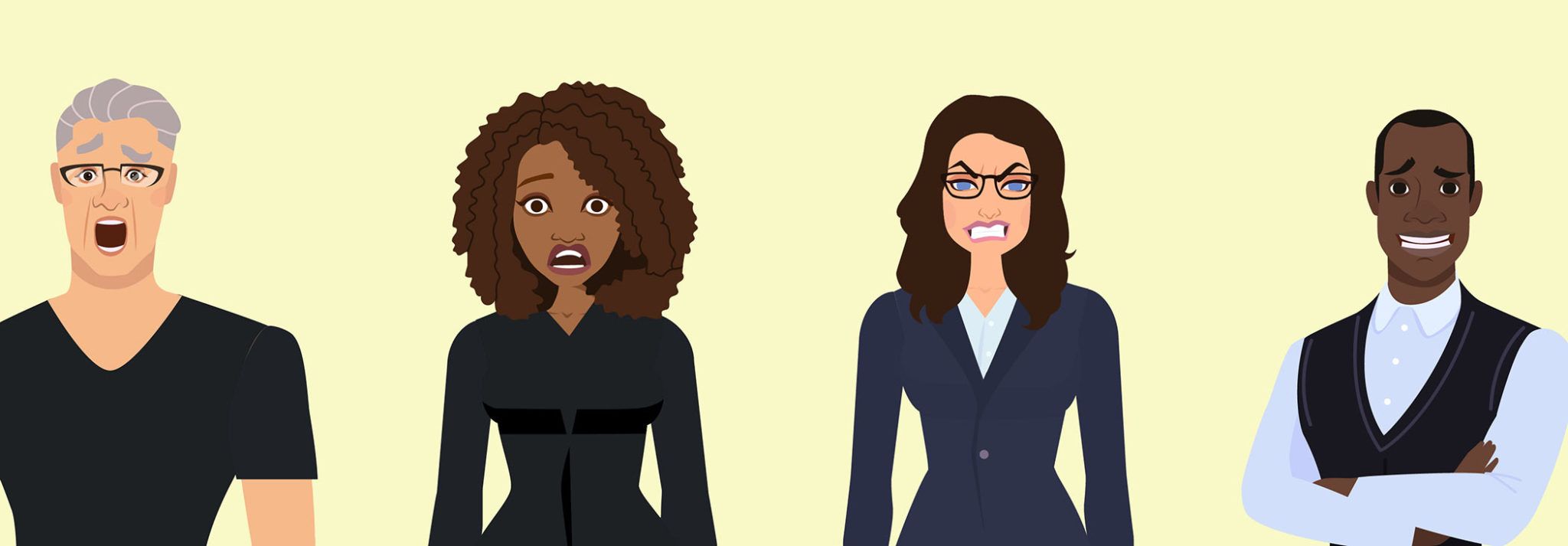 Four healthcare professionals showing concern and stress, facing difficult patient interactions.