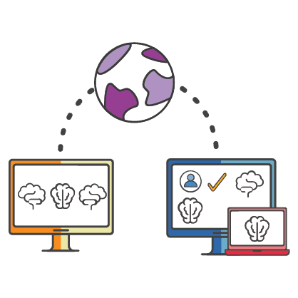 Illustration showing interconnected computers and a globe, symbolizing medical imaging interoperability.