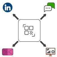 Illustration of a QR code with arrows pointing to marketing icons, symbolizing healthcare marketing strategies.