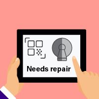 Illustration of a tablet displaying a QR code and a repair notice for healthcare equipment maintenance.