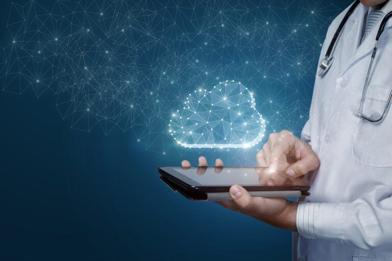 A doctor uses a PACS system cloud interface, showcasing the fusion of healthcare and advanced digital technology.