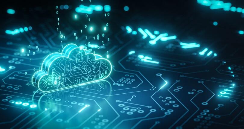 A glowing cloud symbol represents the advanced digital infrastructure of a cloud-based PACS imaging system, integrated with RIS software, enhancing the storage, sharing, and analysis of medical images.