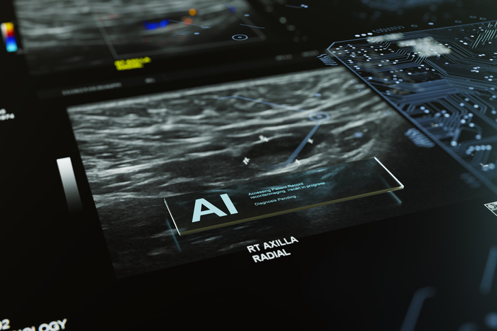 Close-up of an AI-enhanced diagnostic interface displaying medical imaging and machine learning data for improved radiology analysis.