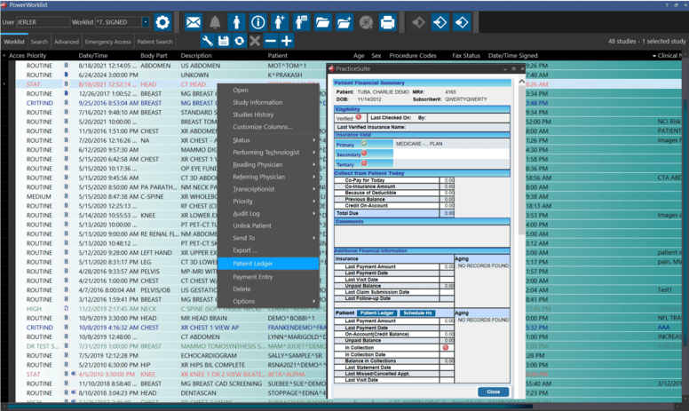 Interface of radiology information system billing and financial management