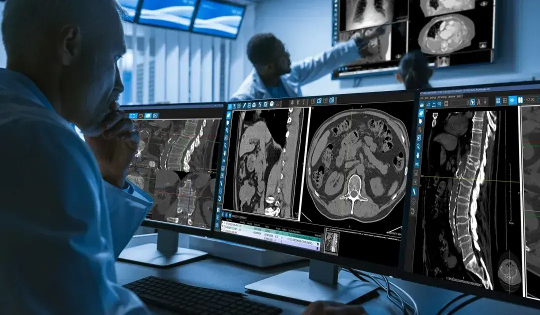 A radiologist is analyzing a report from RIS/PACS 
