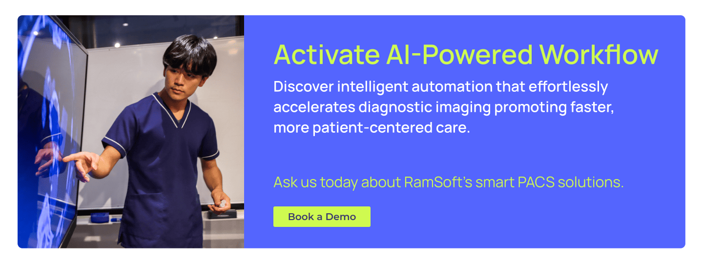 Radiologist using touchscreen with text: Activate AI-Powered Workflow. Book a Demo.